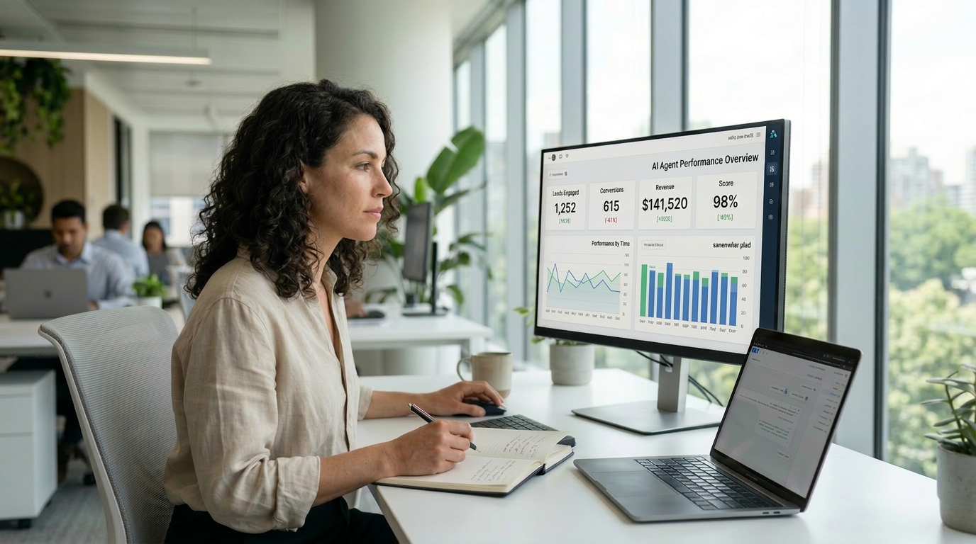 Operations team reviewing AI agent performance dashboard with task success and cost metrics