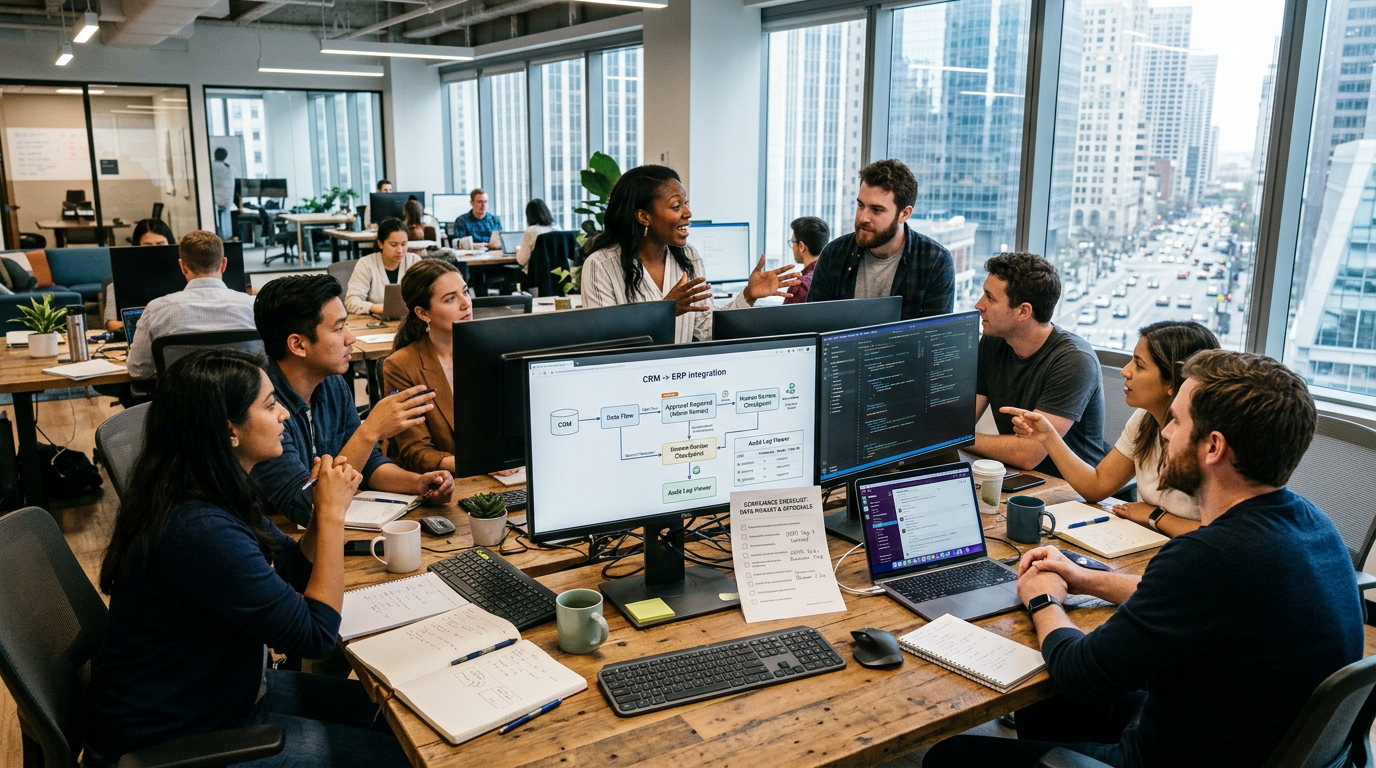 Team reviewing EU-compliant AI agent workflow architecture